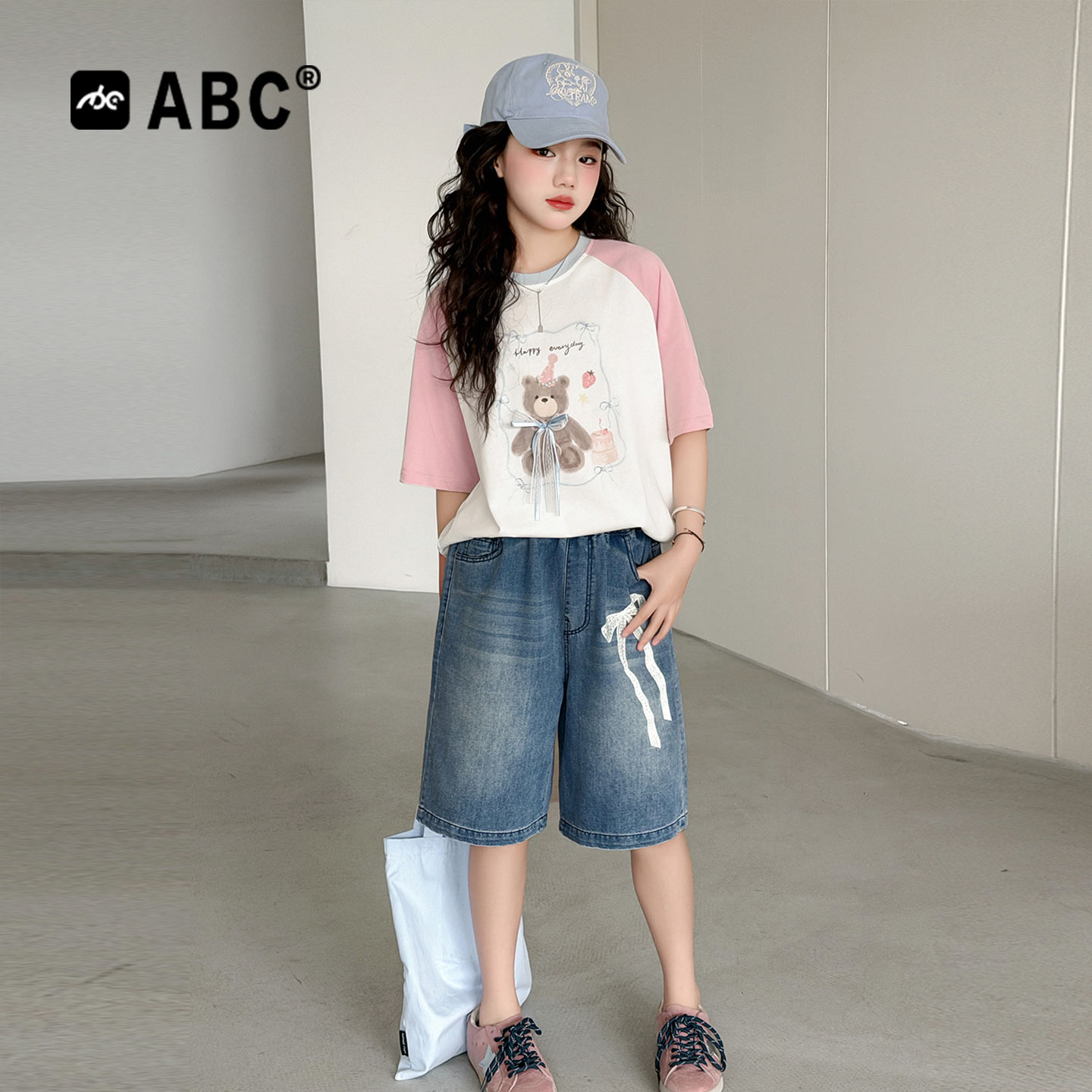 ABC女童夏季拼色牛仔两件套