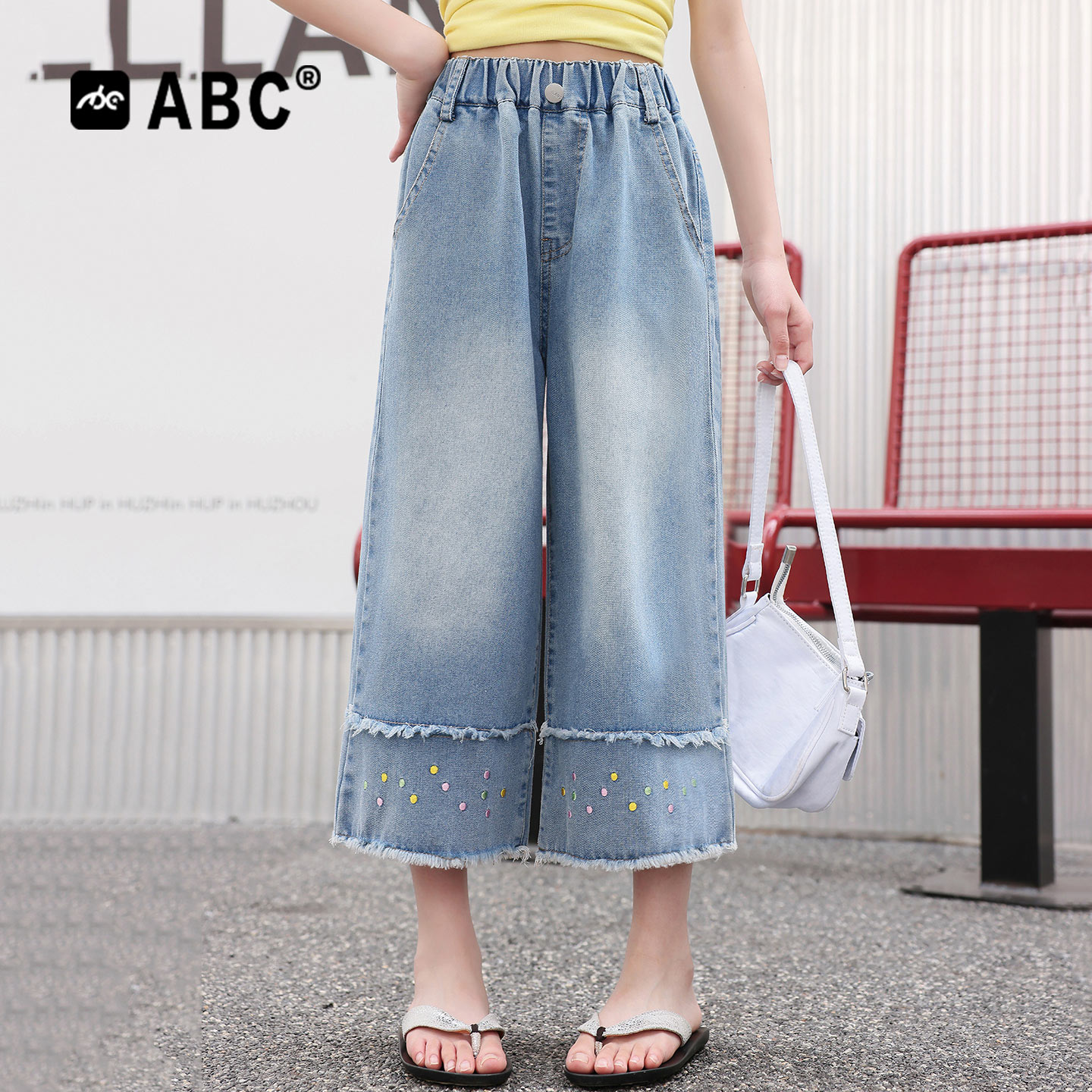 ABC女童夏季薄款绣花牛仔八分裤