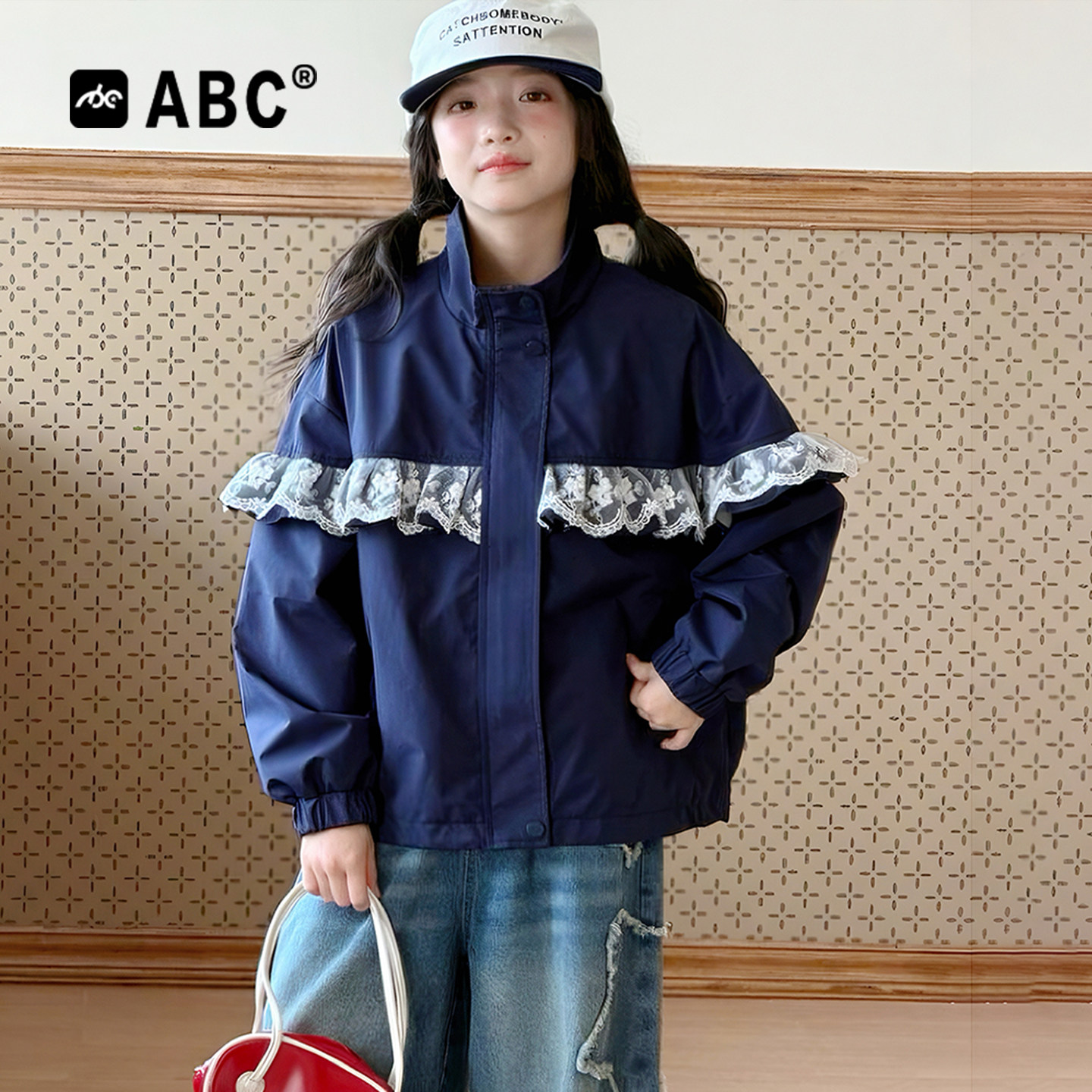 ABC女童春秋立领蕾丝外套新款图片