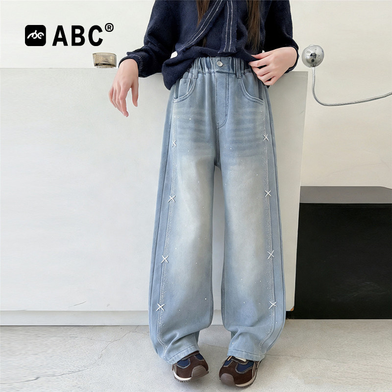 ABC女童烫钻蝴蝶结直筒牛仔裤