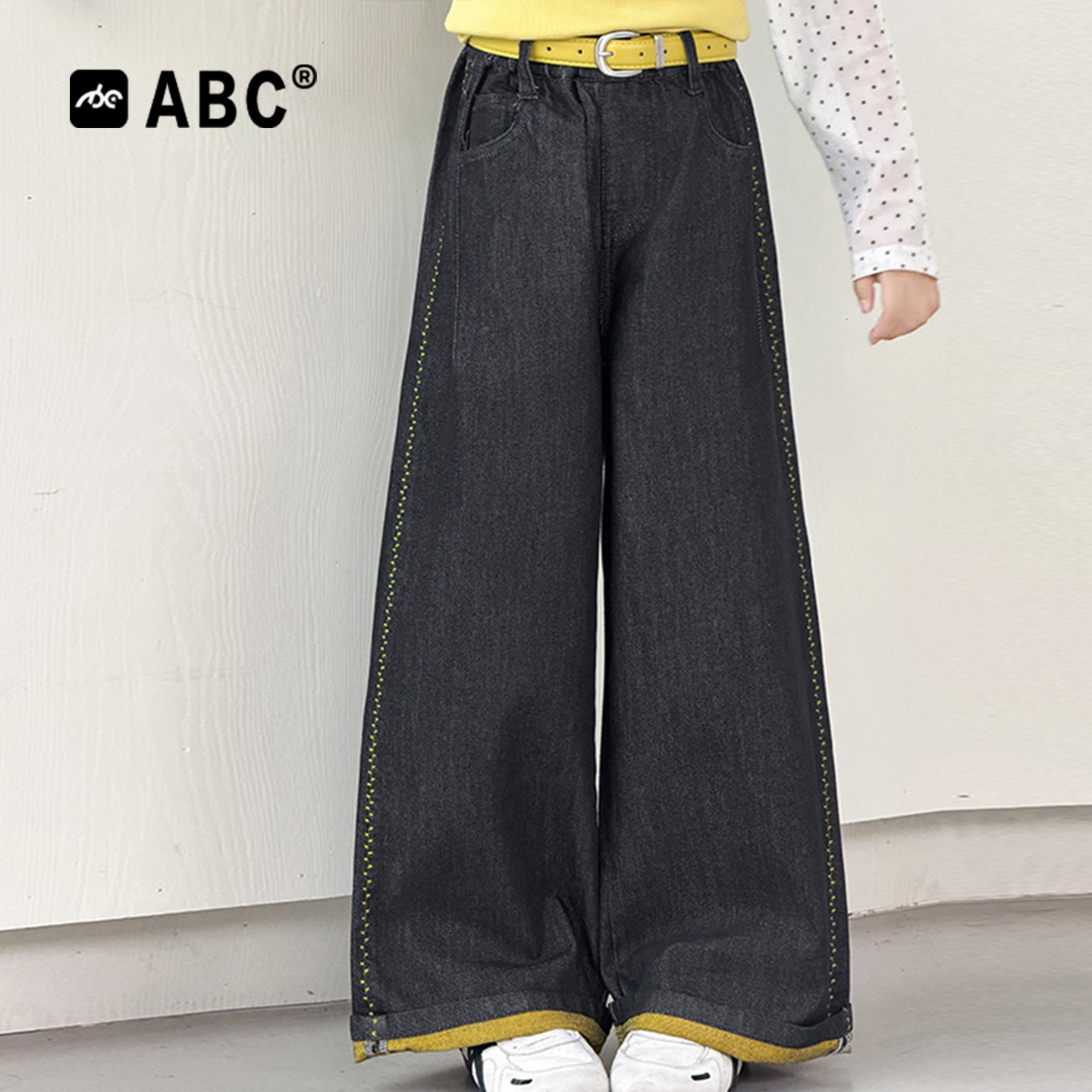 ABC女童春秋格子拼接牛仔阔腿裤