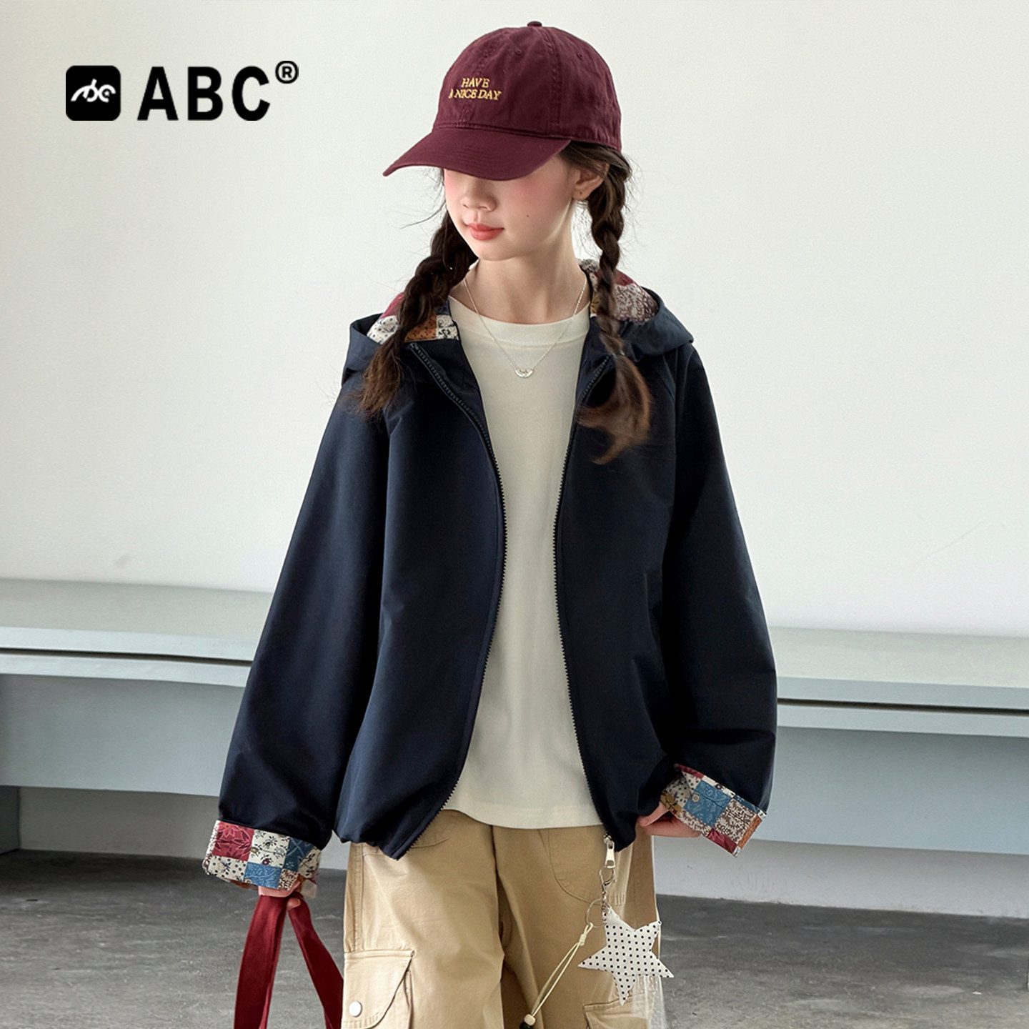 ABC女童春秋连帽拼色外套新款