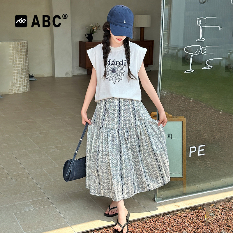 ABC女童夏季套装2026新款儿童装女孩无袖上衣太阳花大群摆两件套