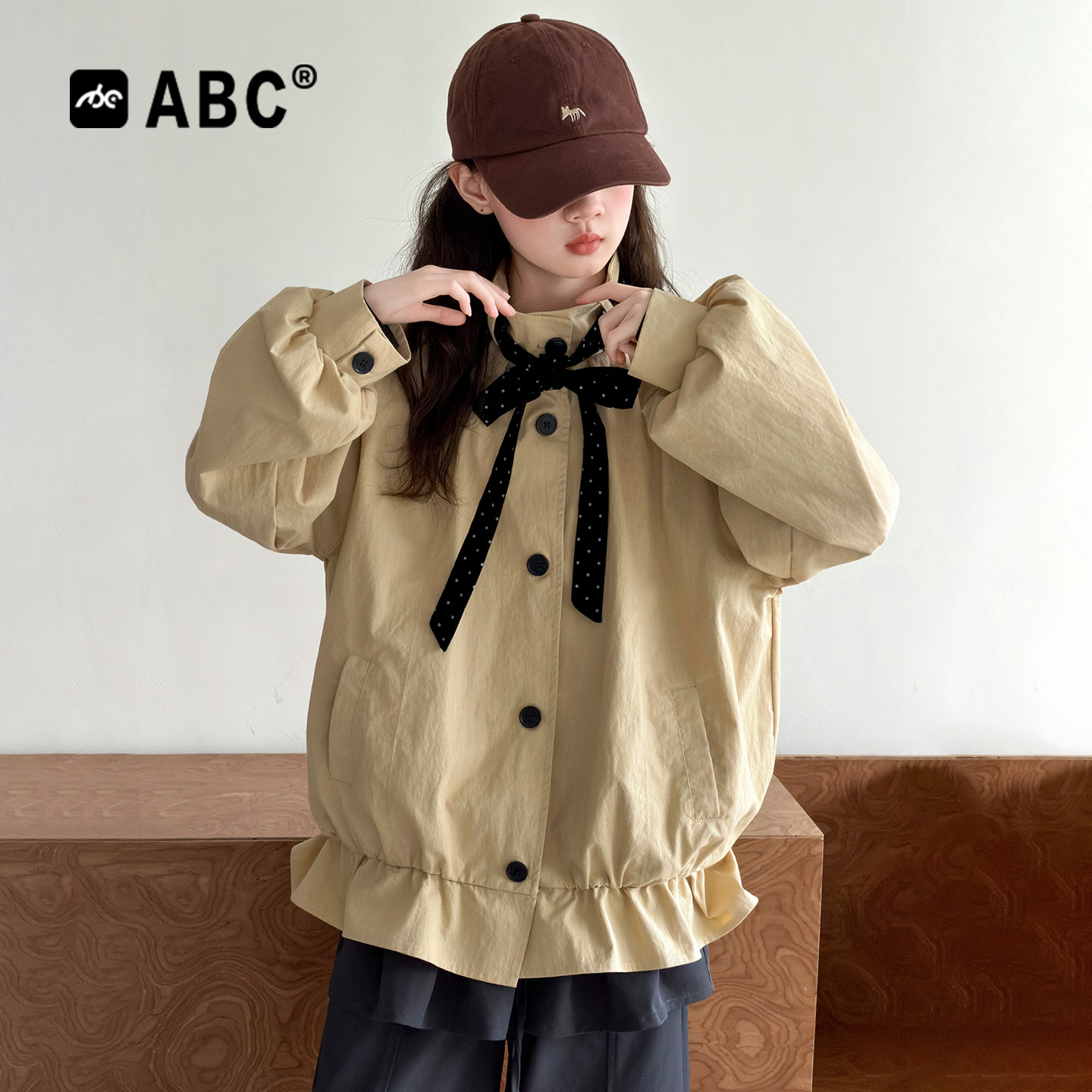 ABC女童春秋外套2026新款女童韩系随性蝴蝶结系带上衣儿童休闲装图片