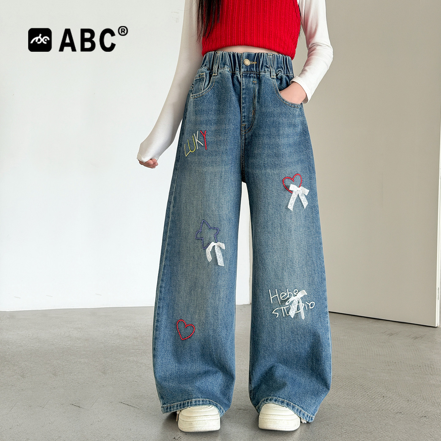 ABC女童春秋甜美蝴蝶结牛仔裤