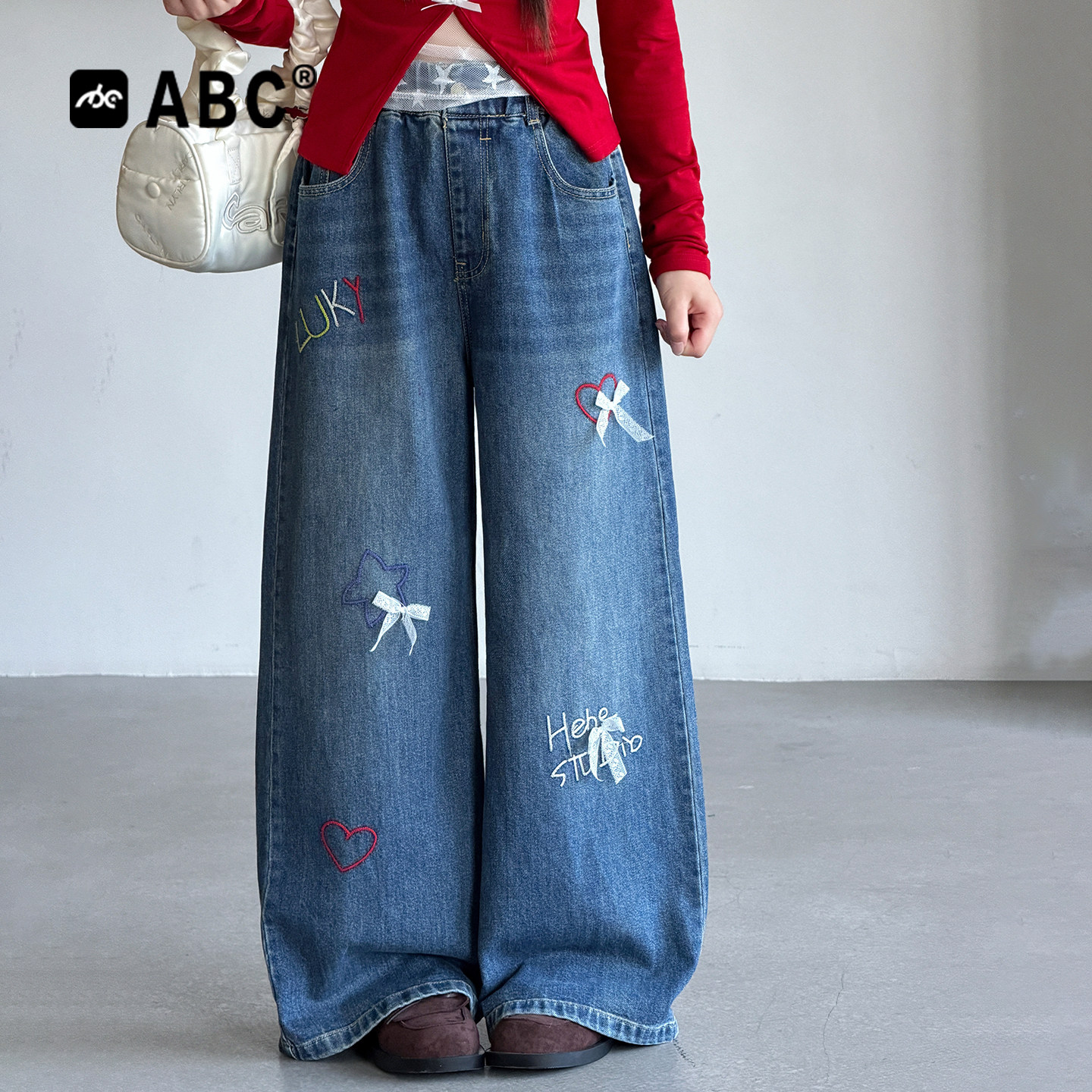 ABC女童春秋蝴蝶结牛仔阔腿裤