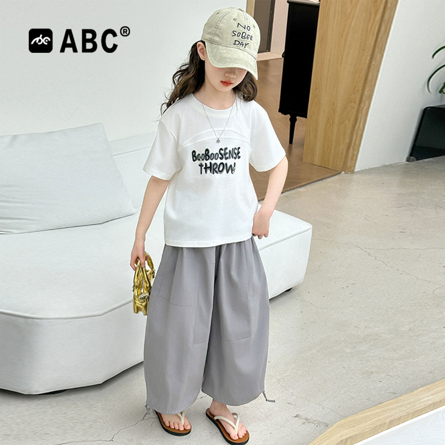 ABC女童夏季两件套2026新款儿童韩系百搭夏装女孩短袖九分裤套装