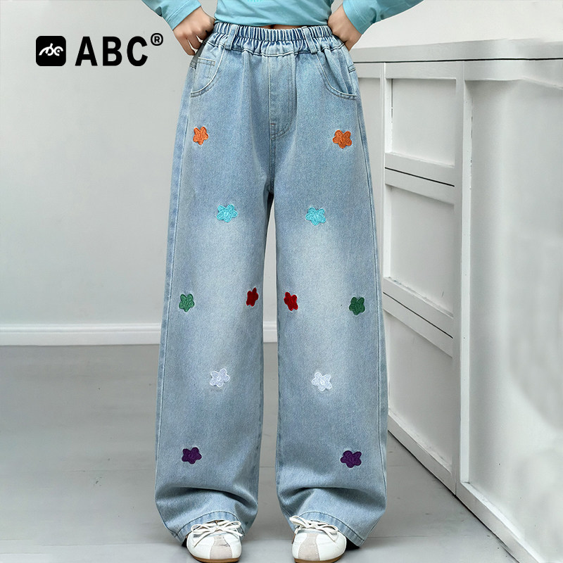 ABC女童春秋牛仔裤2026新款女孩时尚洋气休闲裤女大童烫钻阔腿裤,童装/婴儿装/亲子装,儿童牛仔裤,淘宝优惠券,粉丝福利购,淘宝优惠卷