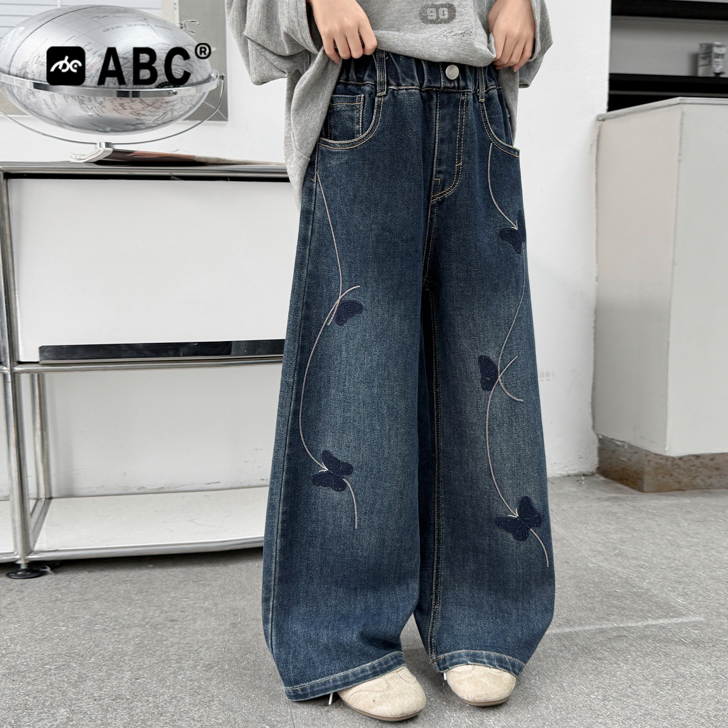 ABC女童春秋牛仔阔腿裤蝴蝶绣图片