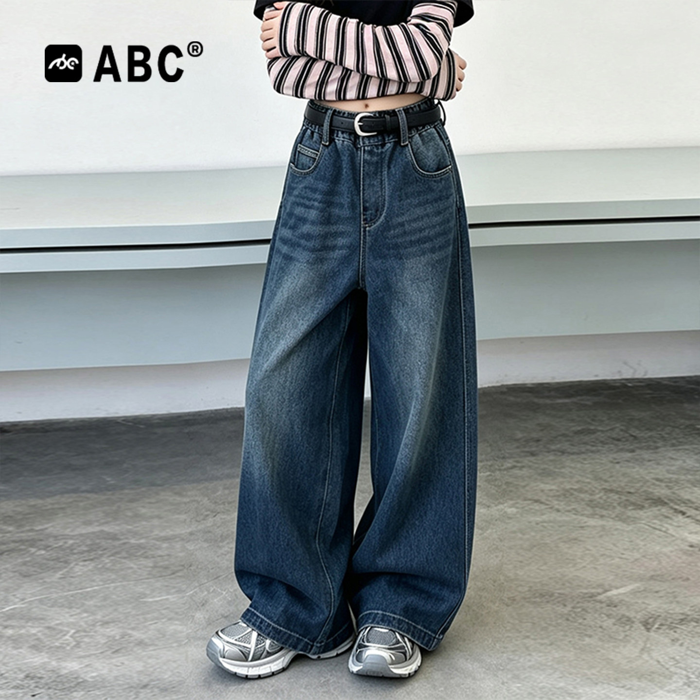 ABC女童春秋弯刀阔腿牛仔裤图片