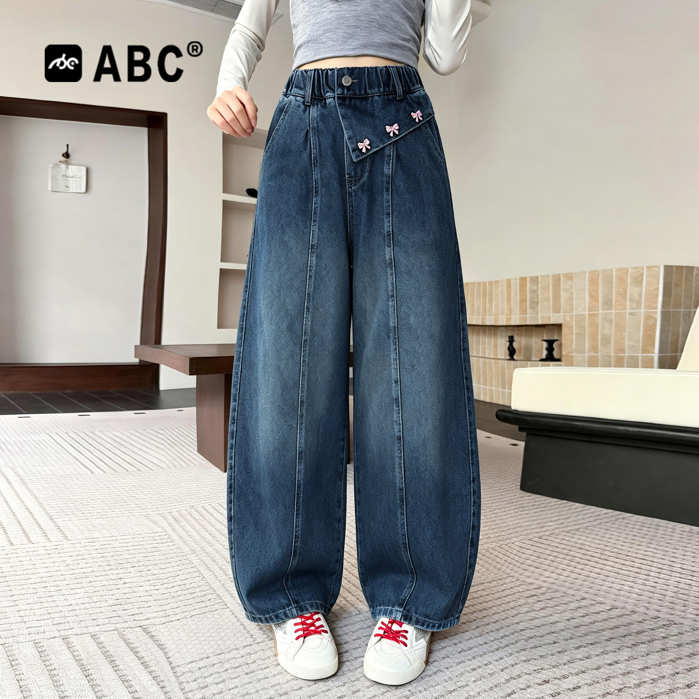 ABC女童春秋新款蝴蝶结牛仔裤图片
