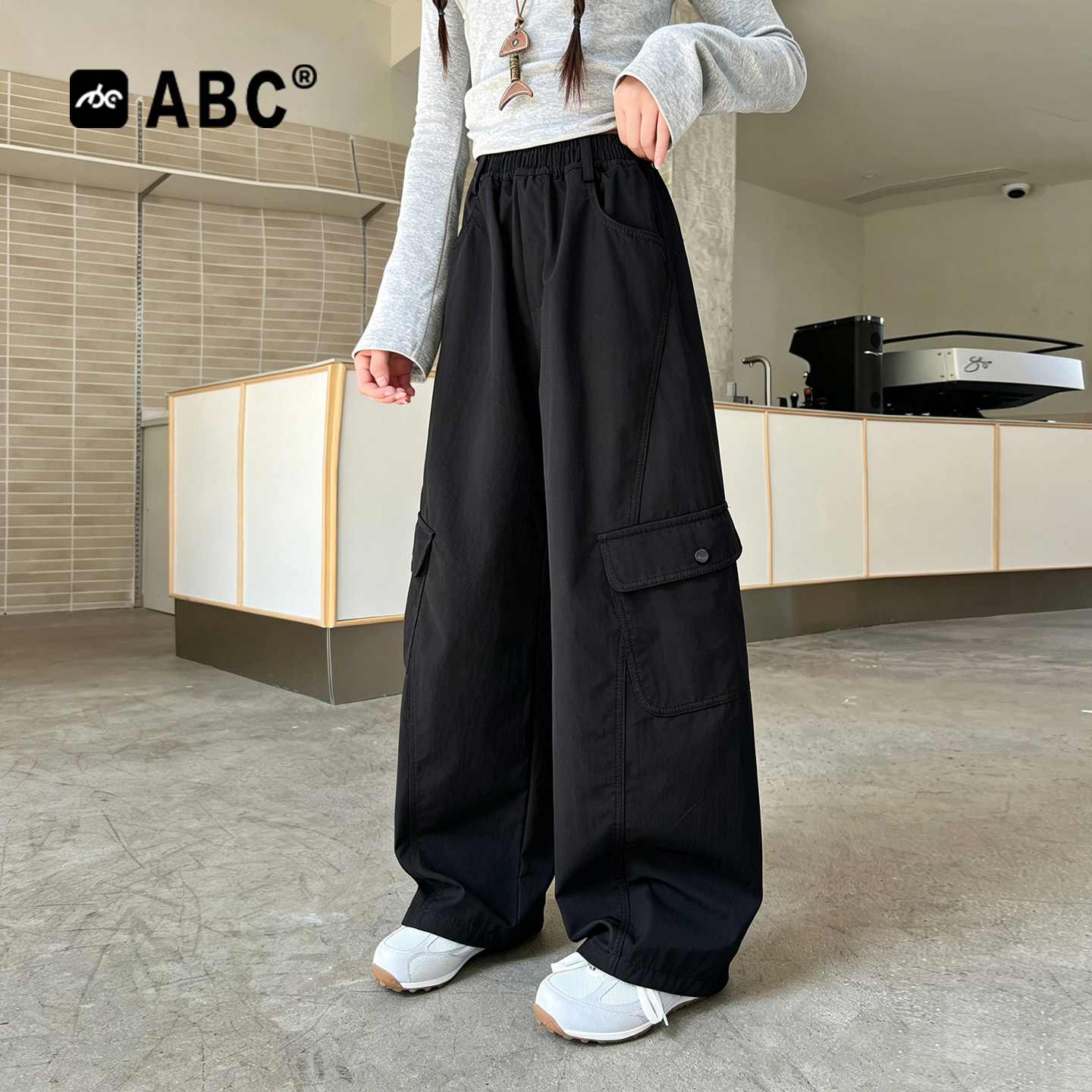 ABC女童裤子春秋2026新款中大童宽松直筒休闲长裤秋季儿童工装裤