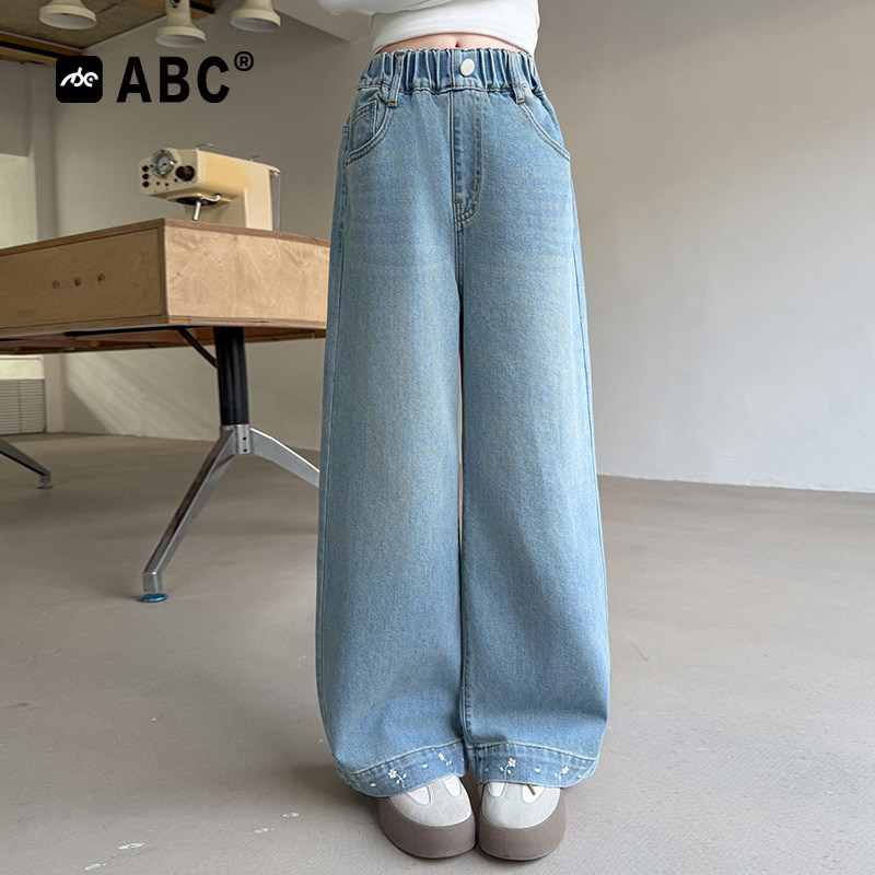 ABC女童春秋新款绣花牛仔阔腿裤