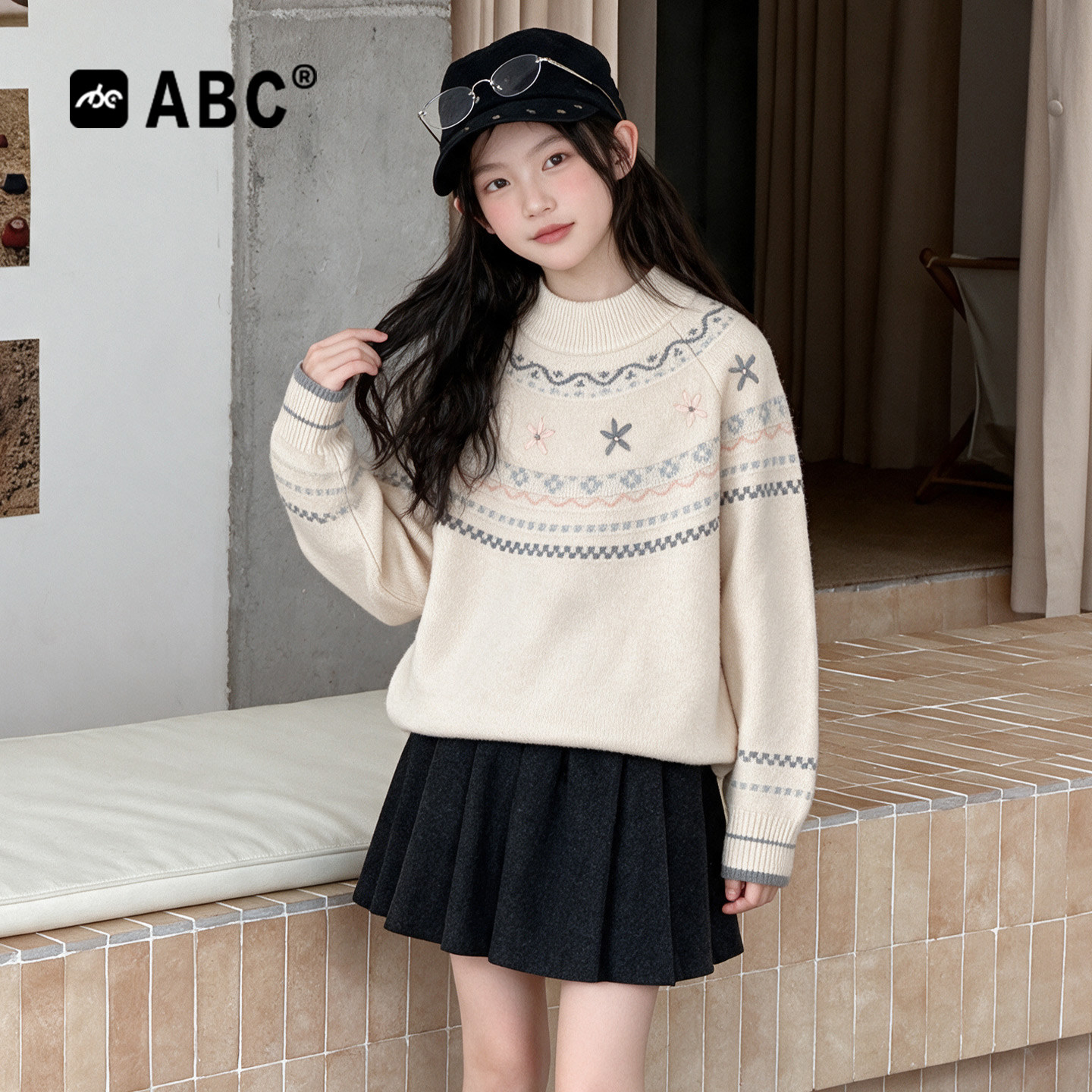 ABC女童毛衣秋冬新款费尔岛风女大童加厚长袖针织衫儿童保暖上衣