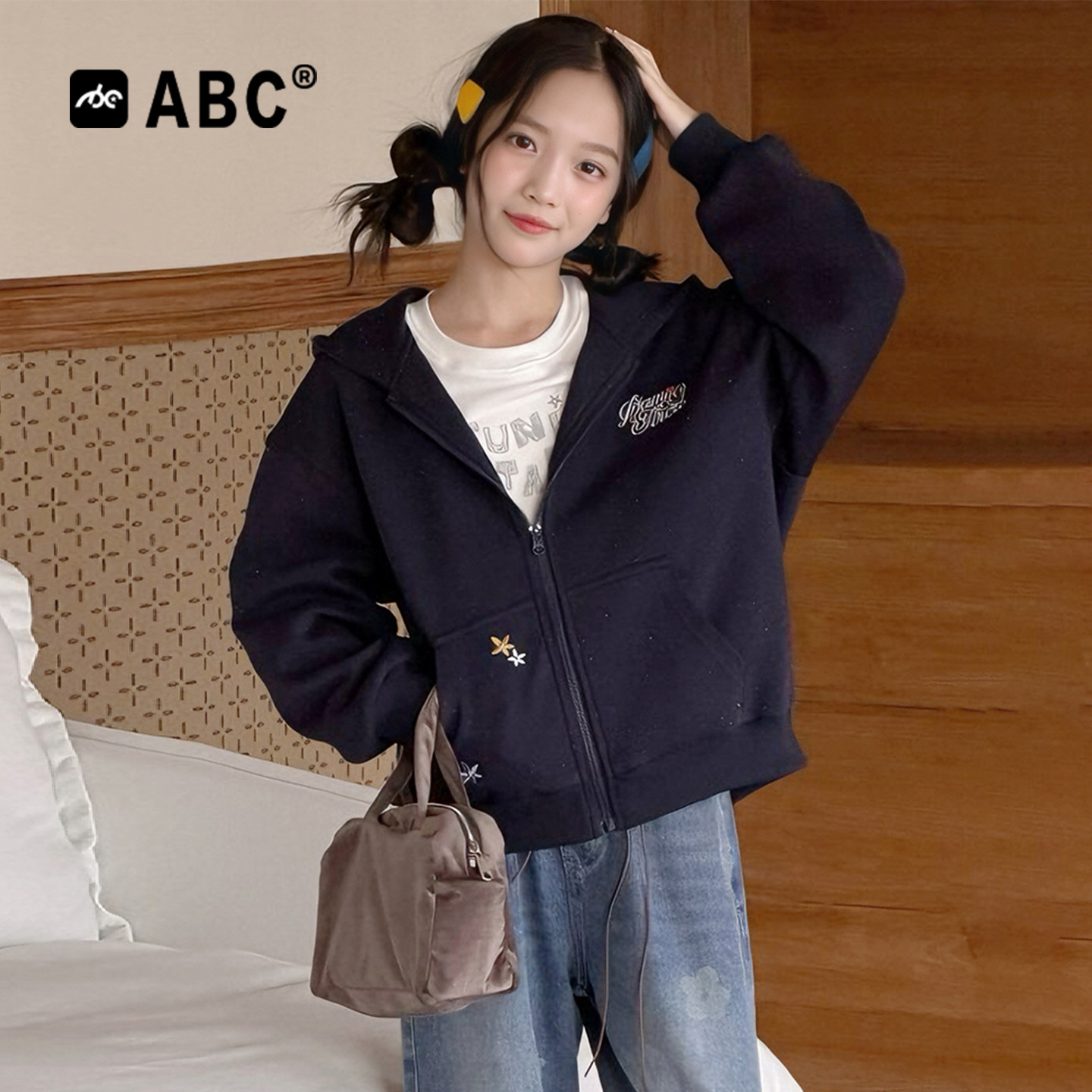 ABC女童满印星星连帽春秋外套图片