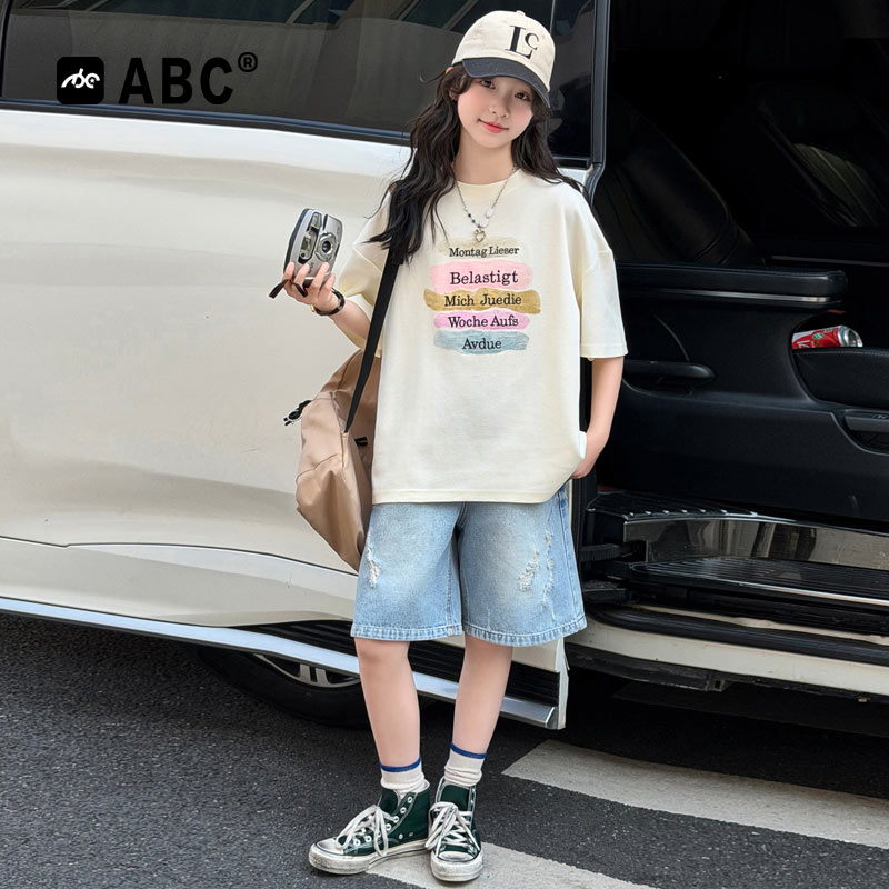 ABC女童夏季韩版牛仔短裤套装