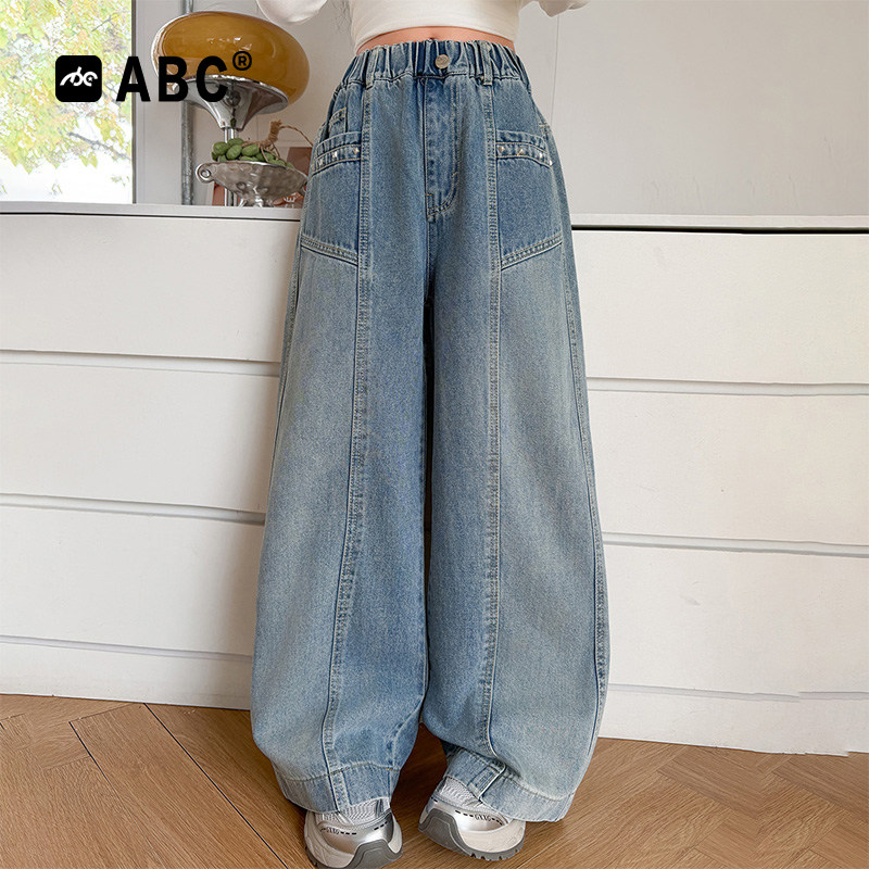 ABC女童春秋牛仔裤2026新款春季贴标拼接阔腿裤中大童时尚休闲裤,童装/婴儿装/亲子装,儿童牛仔裤,淘宝优惠券,粉丝福利购,淘宝优惠卷