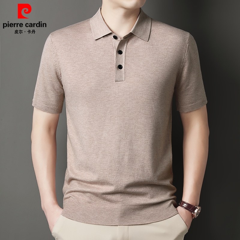 皮尔卡丹桑蚕丝+棉羊毛衣男士短袖秋冬季中年男装翻领针织POLO衫