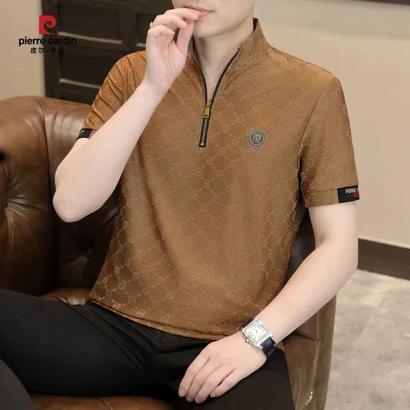皮尔卡丹短袖t恤男士立领半拉链polo衫2025夏季冰丝提花休闲半袖
