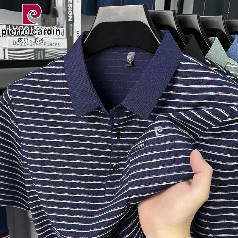 皮尔卡丹冰丝棉短袖t恤男士夏季新款真口袋条纹体恤翻领polo衫男