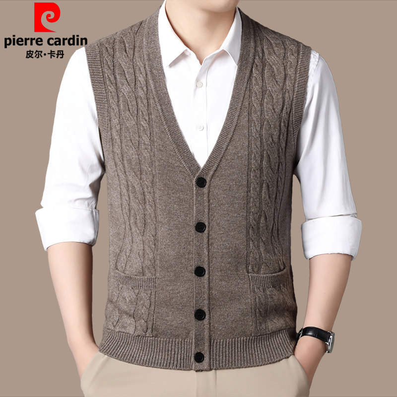 皮尔卡丹100%绵羊毛衣马甲背心男士针织开衫无袖坎肩中年V领毛衣