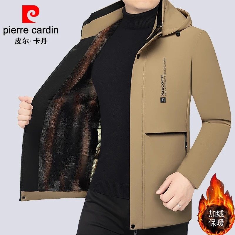 皮尔卡丹冬季新款加绒加厚棉服夹克男士高档中年保暖外套连帽棉衣