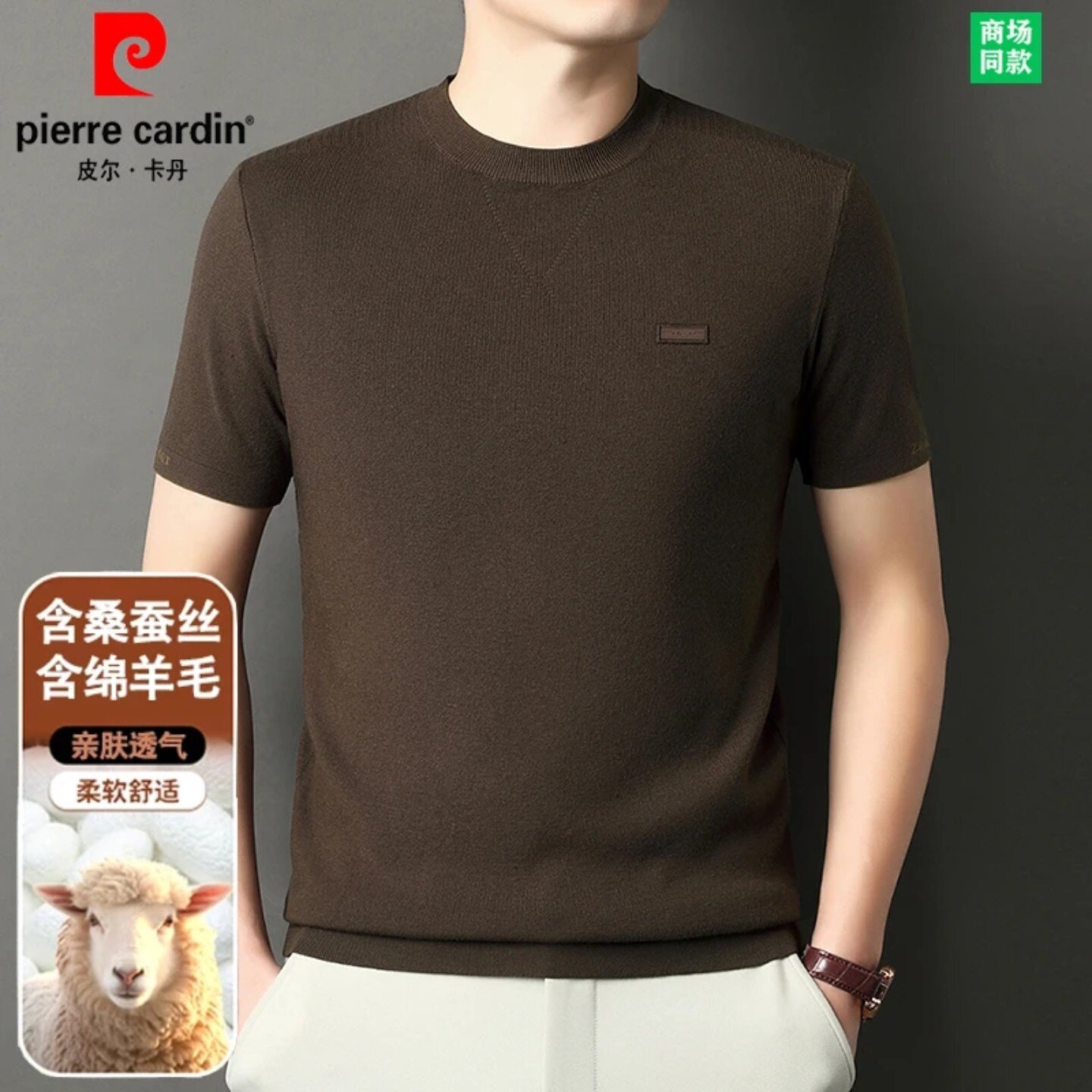 皮尔卡丹羊毛蚕丝男士短袖毛衣