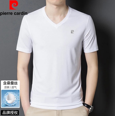 皮尔卡丹桑蚕丝V领夏季男士T恤