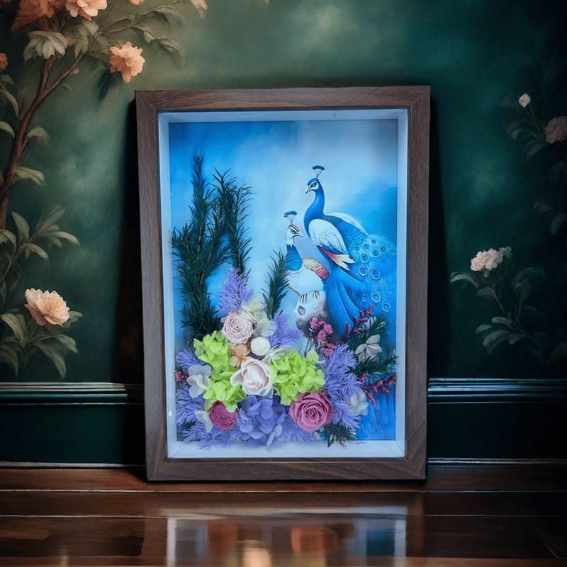 孔雀花艺相框摆件客厅玄关装饰画轻奢新中式立体挂墙创意壁画图片