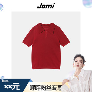 JOMI夏季 女复古显瘦上衣 2025韩系polo领短袖 针织衫