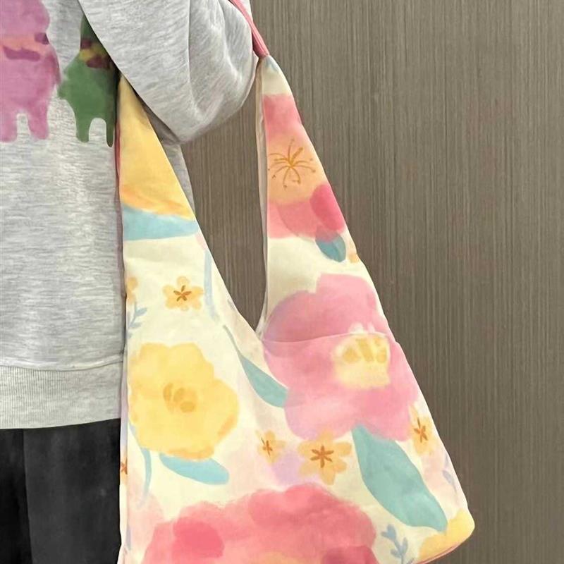 2024新款繁花系列水桶包小清新肩包包斜挎包女大容量手提帆布包