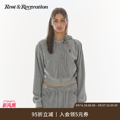 RR刺绣logo天鹅绒连帽卫衣女款