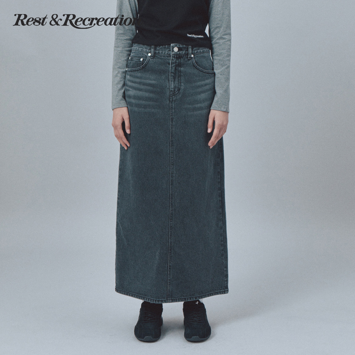 RR超长直筒logo印花牛仔半裙