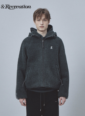 RestandRecreation官方2025秋冬新款RR羊羔绒logo刺绣连帽外套男
