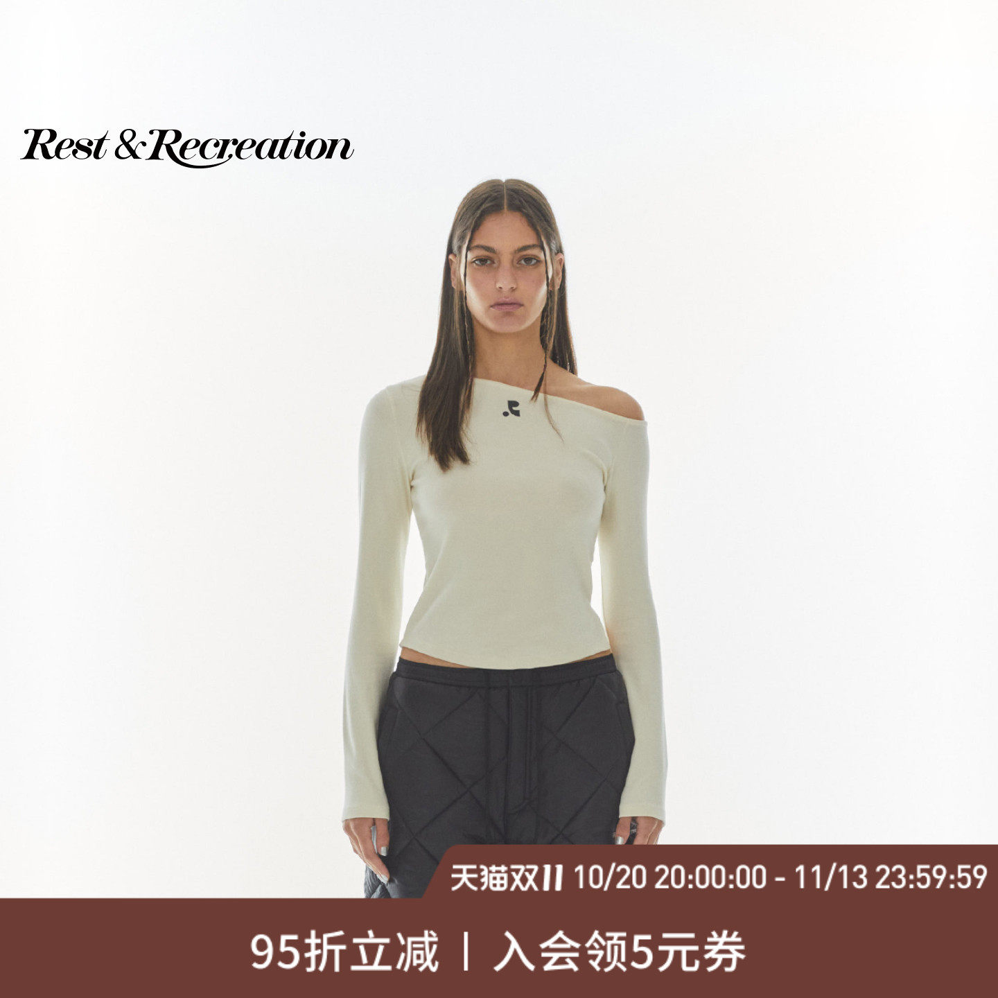 【明星同款】RestandRecreation官方经典RR一字领斜肩露肩长袖T恤