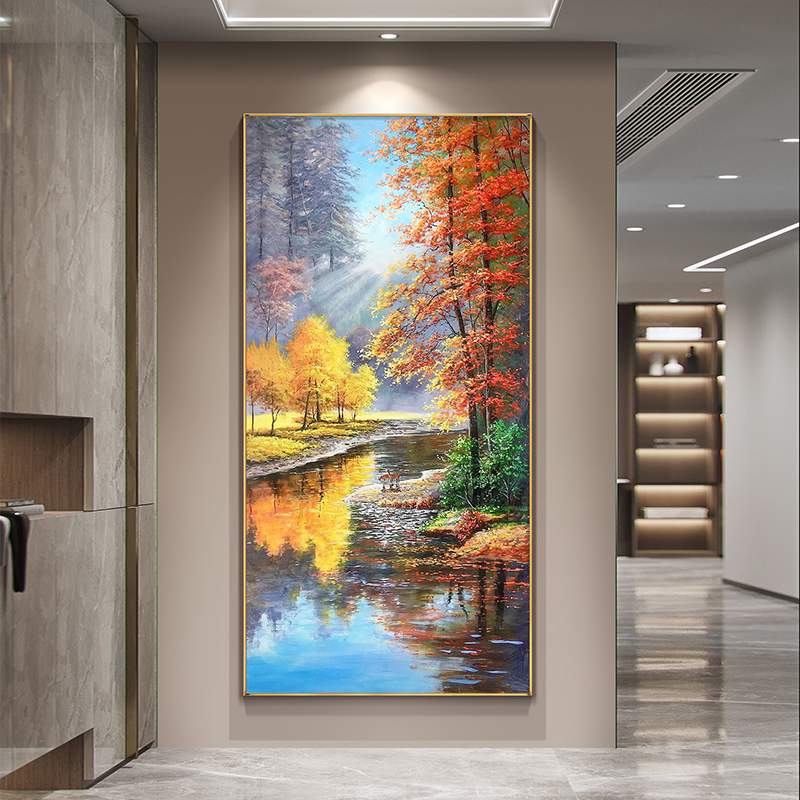 手绘油画福禄美式山水风景画入户走廊过道竖版挂画小鹿玄关装饰画图片
