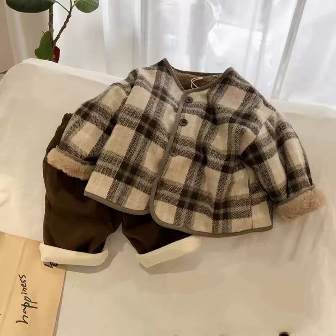 儿童新款加绒加厚格子外套男女宝宝秋冬外穿棉衣中小童宽松外衣潮