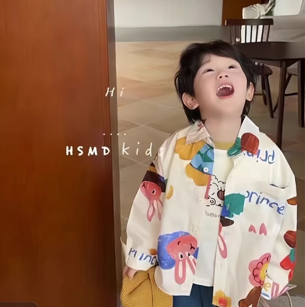 儿童棉质卡通衬衣男童春秋款2026春季新款小童印花洋气可爱上衣潮