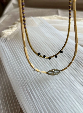 沙丘 美拉德风双层百搭小众棕色系天然石手作串珠项链