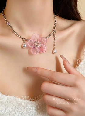 水滴珍珠甜美玫瑰钛钢项链轻奢森系小清新锁骨链时尚百搭项饰