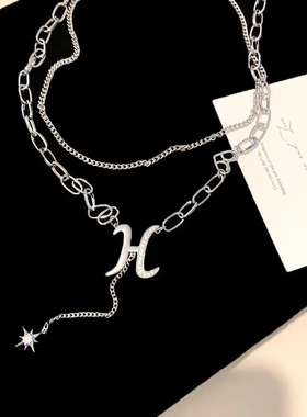 小众独特设计感八芒星锆石吊坠轻奢h字母毛衣链双层叠戴锁骨链女