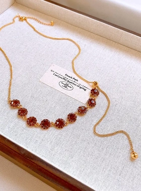 真金电镀镶钻花朵圆形可调节项链欧美潮流锁骨链轻奢高级感项饰女