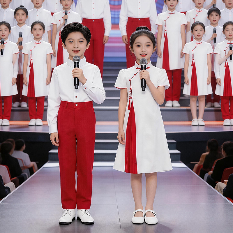焦糖果儿童合唱演出服男女童红色中式表演服装中小学生爱国舞台服