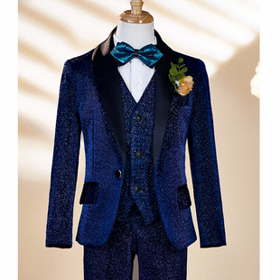 男童西服套装亮片主持人钢琴演出服儿童舞台走秀西装模特蓝色帅气