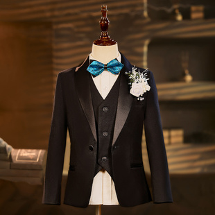 高端黑色儿童西装套装青果领男童英伦主持人礼服晚会生日晚会西服