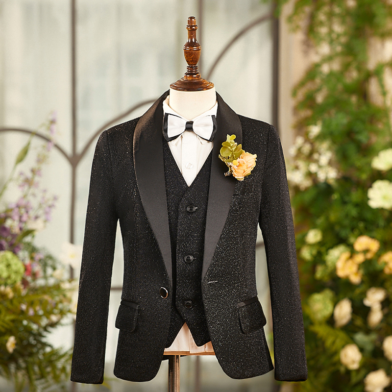 黑色男童亮片西服套装晚会小主持人礼服钢琴演出儿童走秀西装帅气