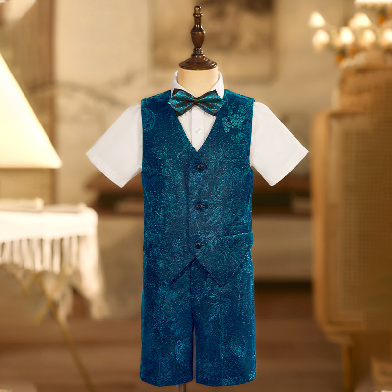 男童马甲套装礼服短袖套装蓝色男孩生日礼服大合唱服主持人表演服
