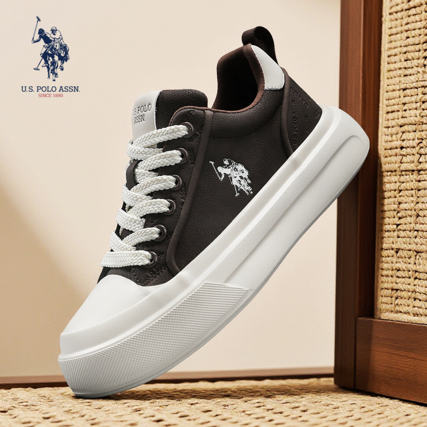 USPA官方正品板鞋男款秋季2025新款厚底增高休闲运动真皮板鞋男士