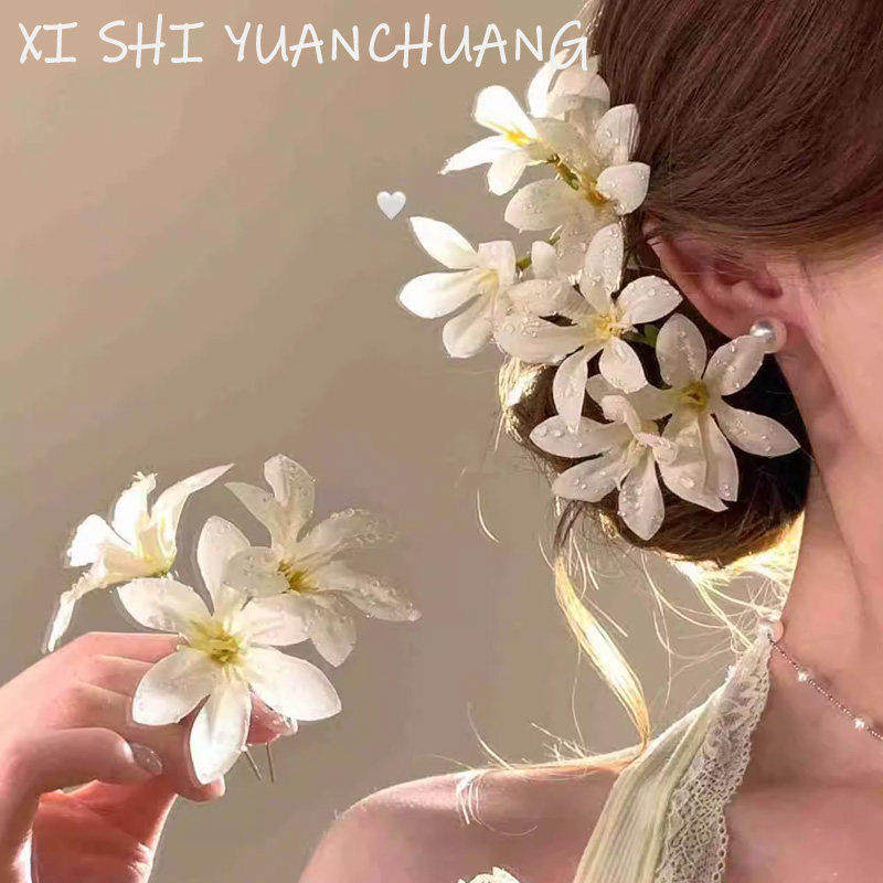 新中式氛围感白色花朵发簪女少女心侧边盘发夹头饰