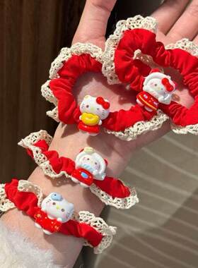 新年红色HelloKitty蕾丝发圈女韩系ins风氛围感小众百搭少女发饰